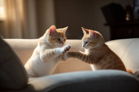 Two cute ginger cats playing with each other on sofa at home.の素材