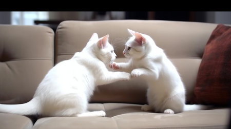 two white kittens playing together on a sofa in the living room.の素材