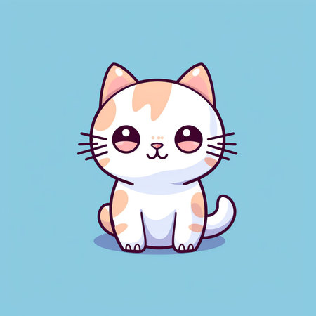 Cute cartoon cat on blue background. Vector illustration in flat style.の素材