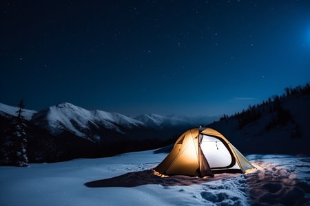 Tourist tent in winter mountains under starry night sky with moonlightの素材