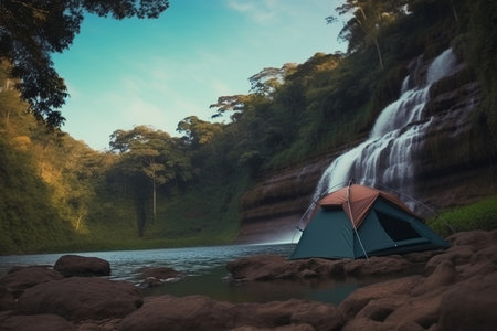 Camping near the waterfall in the jungle. The concept of travel and camping.の素材