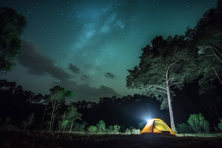 Camping in the forest at night with starry sky and Milky Way.の素材