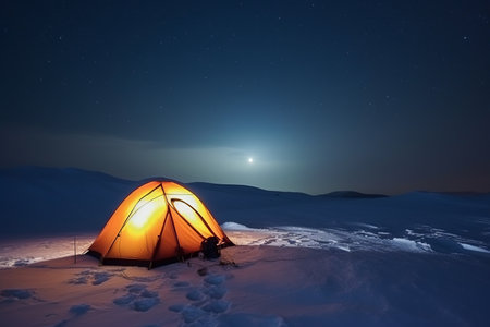 Camping in the winter mountains at night. Tourist tent on the background of the starry sky.の素材