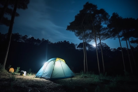 Camping tent in pine forest at night, Phu Kradueng National Park, Thailandの素材