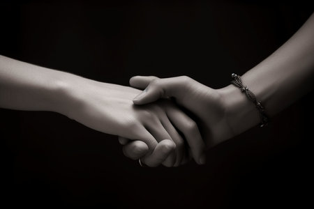 Black and white photo of man and woman holding hands, isolated on black backgroundの素材