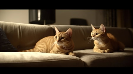 Two cats are sitting on the sofa and looking at the camera.の素材
