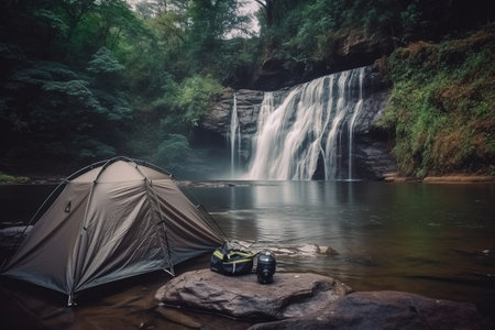 Camping in the forest with a tent and a waterfall in the backgroundの素材