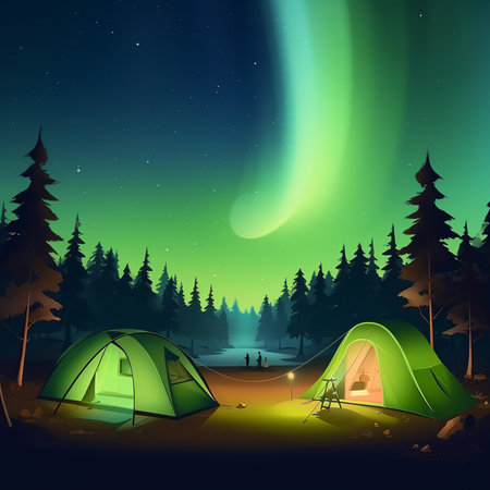 Night camping in the woods. Vector illustration of a beautiful aurora borealis.の素材