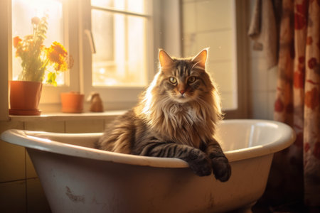 beautiful long hair siberian cat relaxes in bath at homeの素材