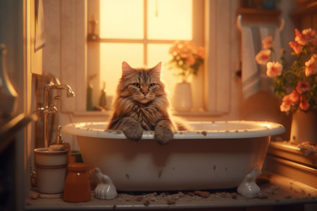 Cute ginger cat relaxing in bathtub at home. Pet care conceptの素材