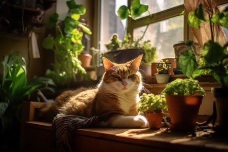 Beautiful red cat lying on the windowsill and looking out the windowの素材