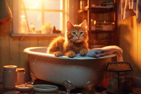 Cute ginger cat sitting in bathtub and looking at camera.の素材