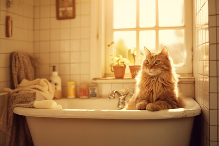 Cute ginger cat sitting in bathtub at home, tonedの素材