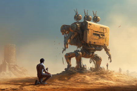 3d rendering of a robot sitting in the middle of a desertの素材