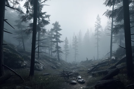Mysterious foggy forest in the mountains. Mystical forestの素材