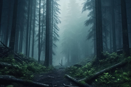 Foggy forest with trees and foggy trail in the mountainsの素材