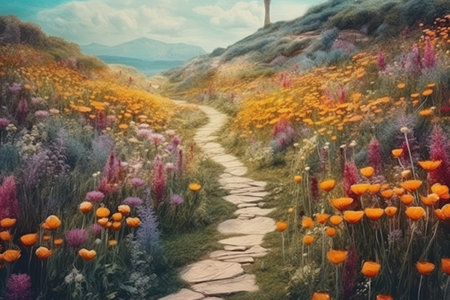 Beautiful spring landscape with colorful wildflowers. Digital painting.の素材