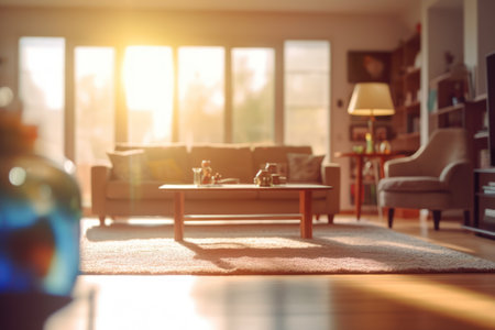 Living room interior with sofa and coffee table, shallow depth of fieldの素材