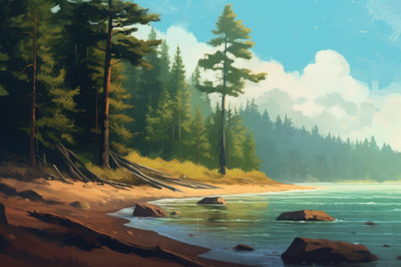 Digital painting of a forest lake shore with rocks and trees in the foregroundの素材