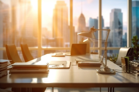 Office interior with city view and daylight. 3d rendering mock upの素材