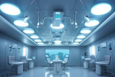 Interior of a modern dental surgery room with blue lights. 3D renderingの素材