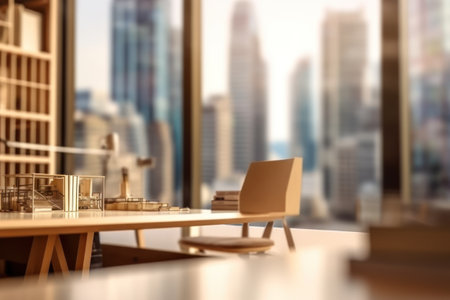Modern office interior with wooden furniture and city view. 3D Renderingの素材