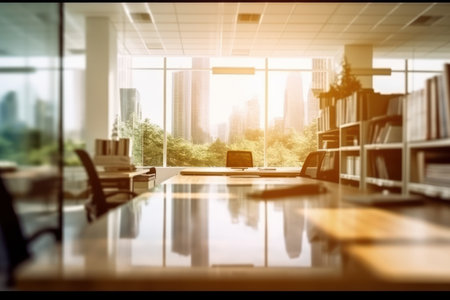 Modern office interior with panoramic window and city view. 3D Renderingの素材