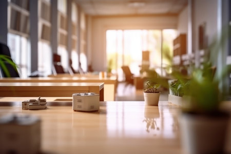 Modern office interior design with furniture and equipment. Blurred background.の素材