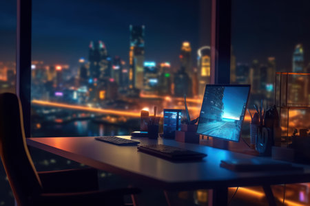 Computer on the table with cityscape background at night. 3d rendering.の素材