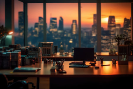 Working space in the office with cityscape background. Selective focus