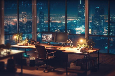 Working place in office with night city view. 3D Renderingの素材