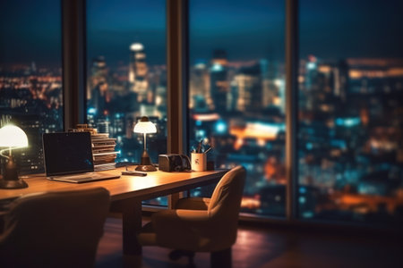 Working place with laptop and coffee cup on wooden table with city view at nightの素材