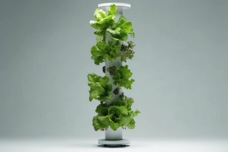 Lettuce growing in a glass vase on a gray backgroundの素材