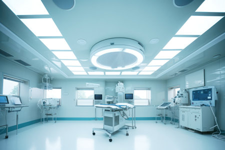 equipment and medical devices in modern operating room take with art lighting and blue filterの素材
