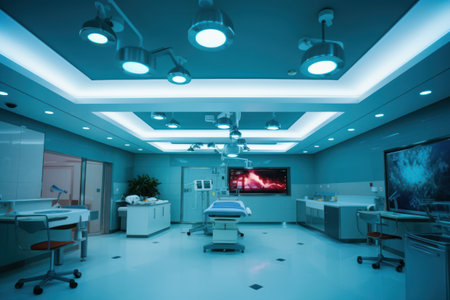 Interior of a modern operating room with surgery equipment and blue lightingの素材
