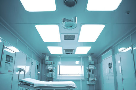equipment and medical devices in modern operating room take with art lighting and blue filterの素材