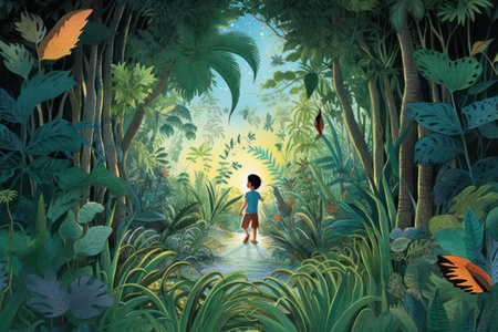 Tropical forest with a boy in the jungle - illustration for childrenの素材