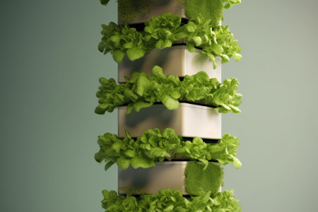 Green lettuce growing in a row on grey background. 3d illustrationの素材