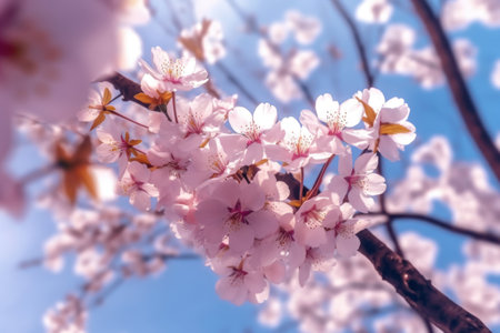 cherry blossom in spring time with blue sky and white cloudsの素材