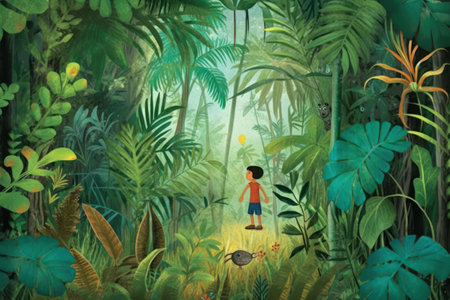 Cartoon scene with boy in the jungle. Illustration for children.の素材