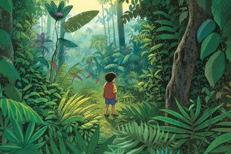 cartoon scene with little boy in the jungle - illustration for childrenの素材