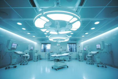 equipment and medical devices in modern operating room take with art lighting and blue filterの素材