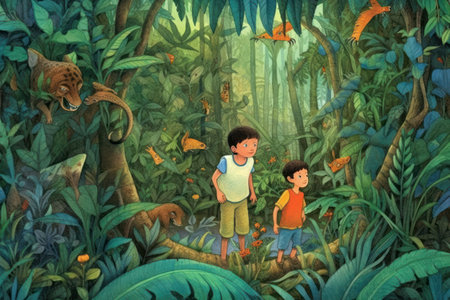 Fantasy forest scene with boy and girl in the jungle illustration paintingの素材
