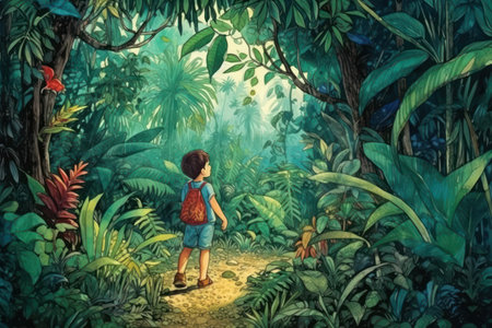 Boy in the jungle. Watercolor painting. Children's illustration.の素材