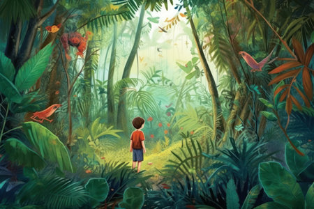 Child walking in the jungle. Digital painting with a child in the jungle.の素材