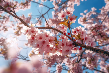 cherry blossom sakura flower on blue sky background in springの素材