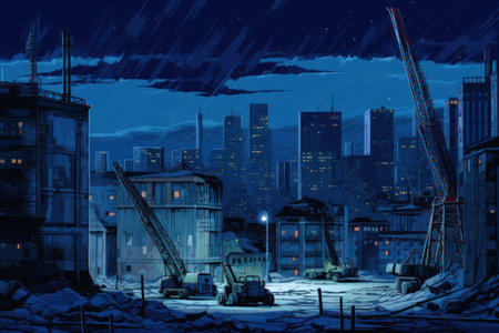 Industrial landscape with cranes and heavy industry buildings at night illustrationの素材