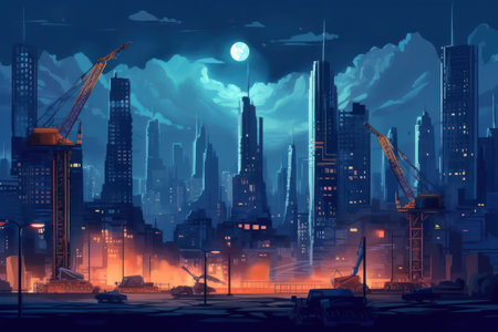 Night city with cranes and skyscrapers, vector illustration.の素材