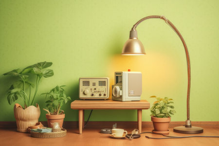 home interior with vintage radio, lamp and plants on wooden table.の素材