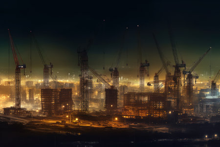 Industrial construction site with cranes at night, 3d renderの素材